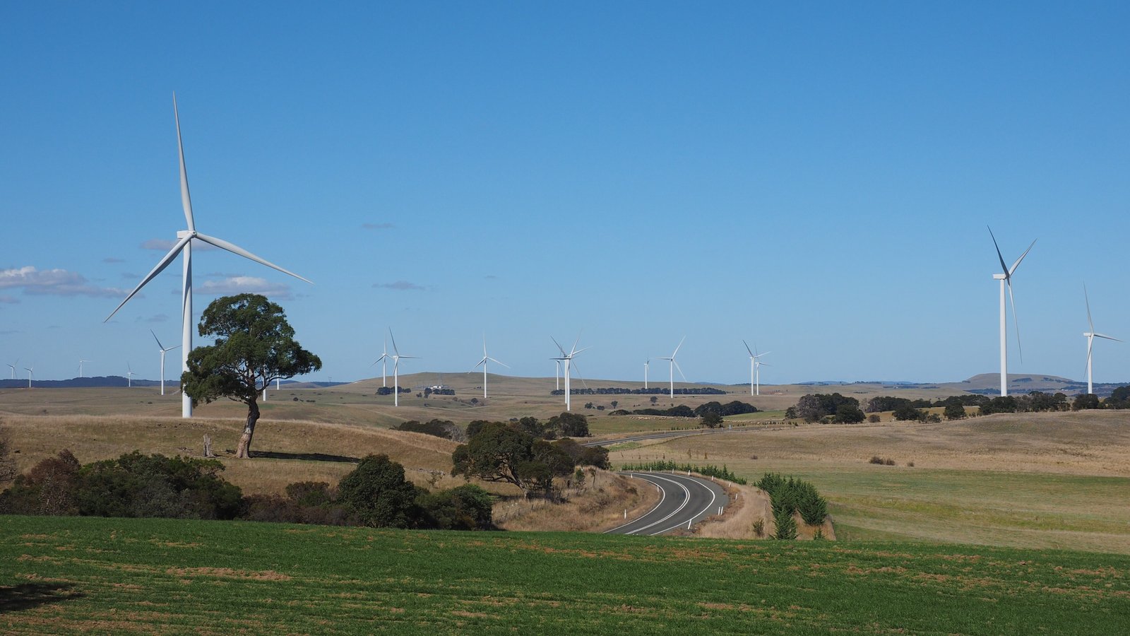 Several wind turbines on a grassy ridge under a cloudy sky in New South Wales