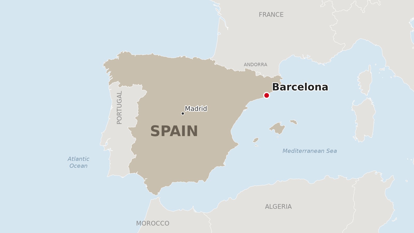 Map of Spain with Barcelona marked