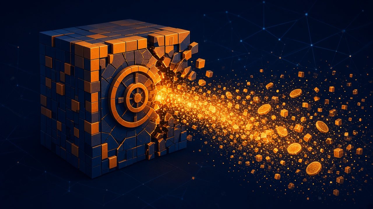 Abstract illustration of a cracked vault of blue and orange blocks with a stream of glowing coins and data particles leaking out