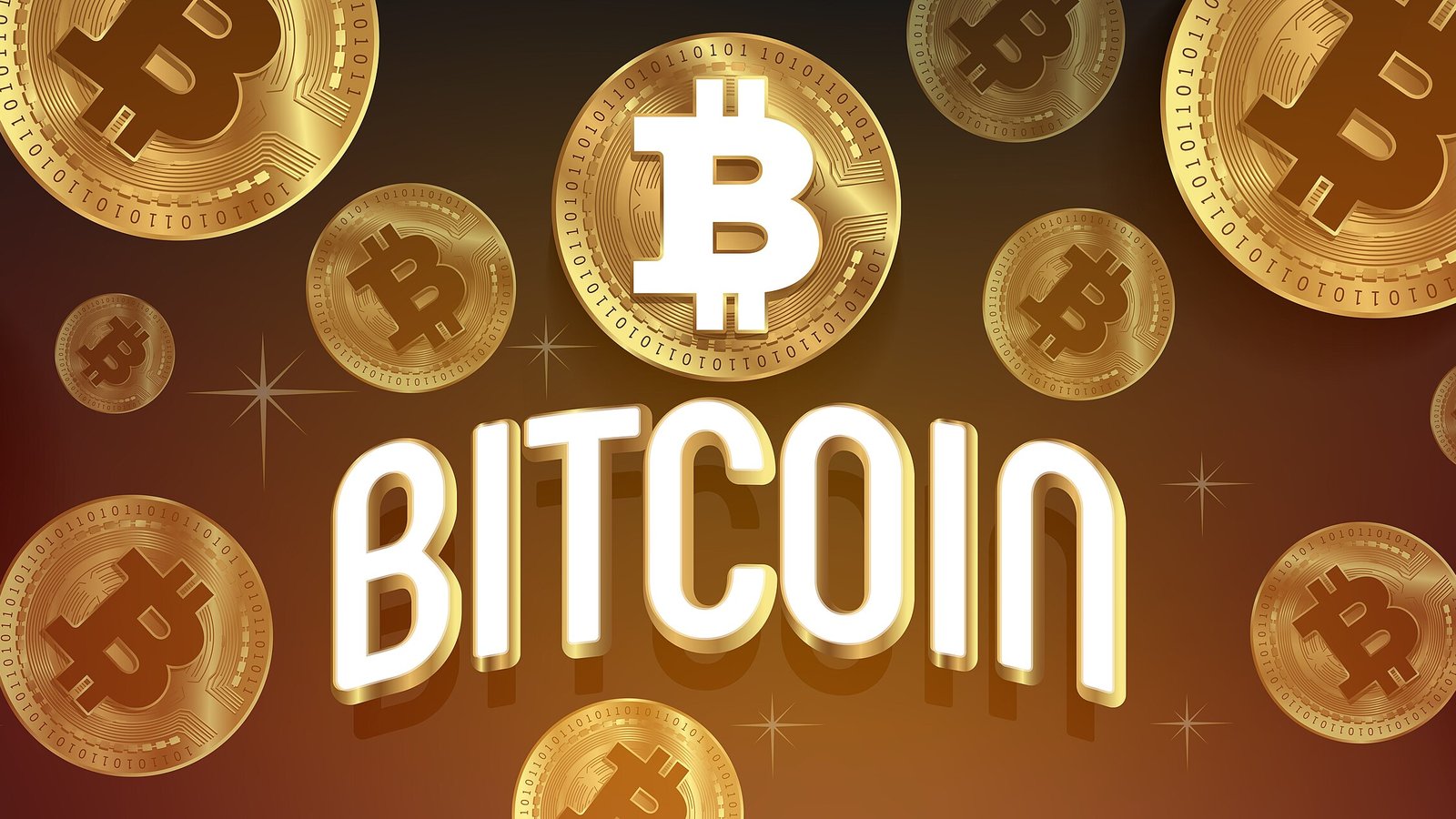 Illustration of gold bitcoin coins with the B symbol around the word BITCOIN on a brown background