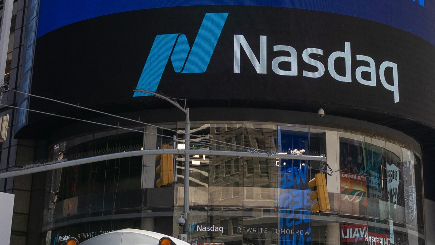 The Nasdaq logo on the curved screen of the Nasdaq Tower above the MarketSite studio in Times Square, New York