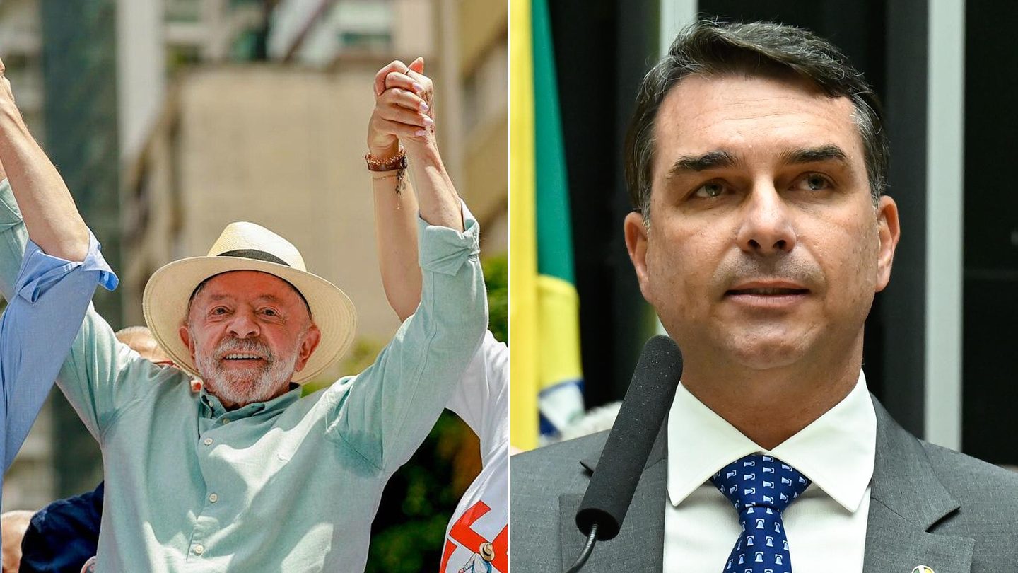 Side-by-side photos: on the left, President Luiz Inácio Lula da Silva in a straw hat and green shirt raising his arms at a rally; on the right, Senator Flávio Bolsonaro in a grey suit speaking at a microphone
