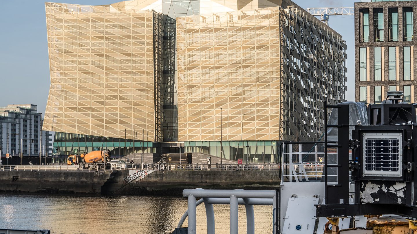 The Central Bank of Ireland headquarters building on the River Liffey in Dublin