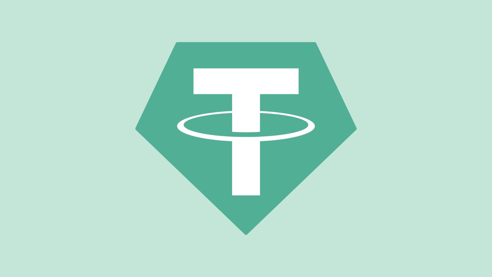 The green Tether (USDT) stablecoin logo, a white letter T on a green pentagon, on a pale green background