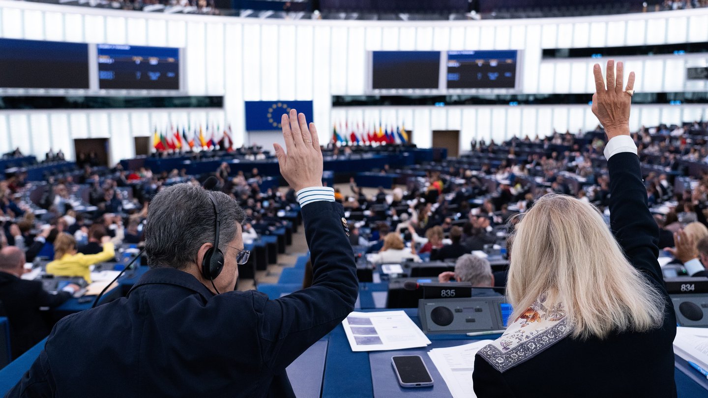 Members of the European Parliament raise their hands during a vote in the plenary chamber in Strasbourg, with EU flags in the background