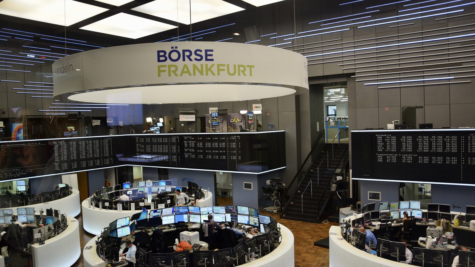 Trading floor of the Frankfurt Stock Exchange with the Börse Frankfurt sign and DAX display boards