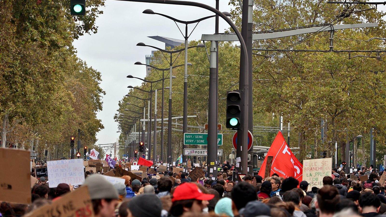 A large crowd with placards and union flags fills a tree-lined boulevard in Paris during a protest march