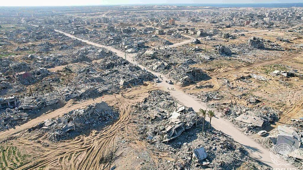 Aerial view of a wide area of destroyed buildings and rubble in Rafah, Gaza Strip