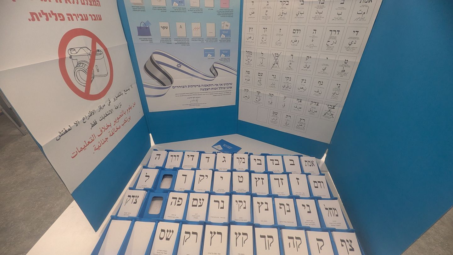 A blue cardboard voting booth at an Israeli polling station, with rows of white party ballot slips marked with Hebrew letters and instruction posters