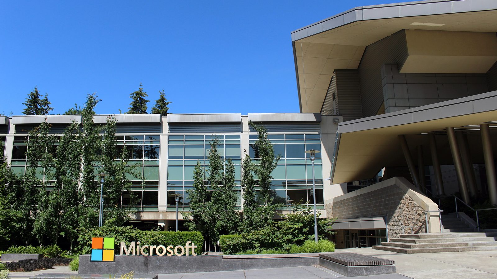 A glass office building behind trees with a Microsoft logo sign on a low wall in front, on the company's Redmond campus