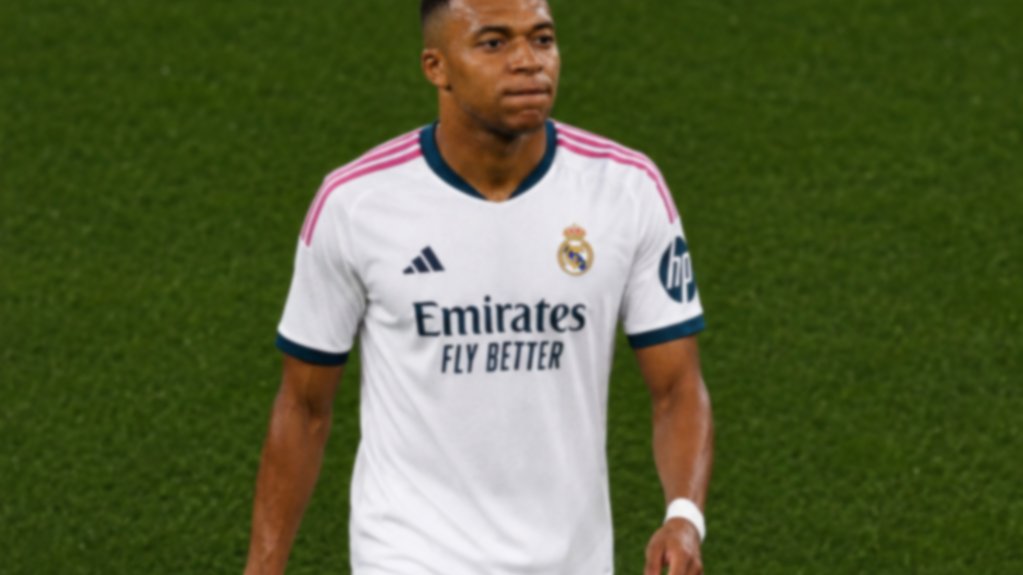 Kylian Mbappé in a white Real Madrid shirt with the number 10 on the pitch