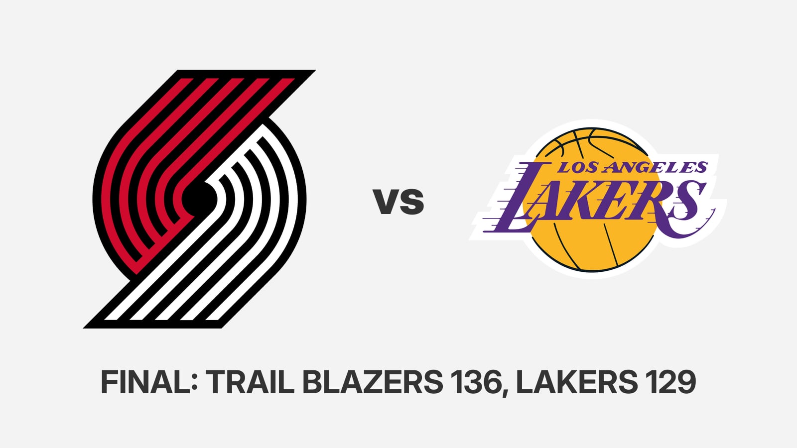 The Portland Trail Blazers and Los Angeles Lakers team logos side by side, with the final score Trail Blazers 136, Lakers 129