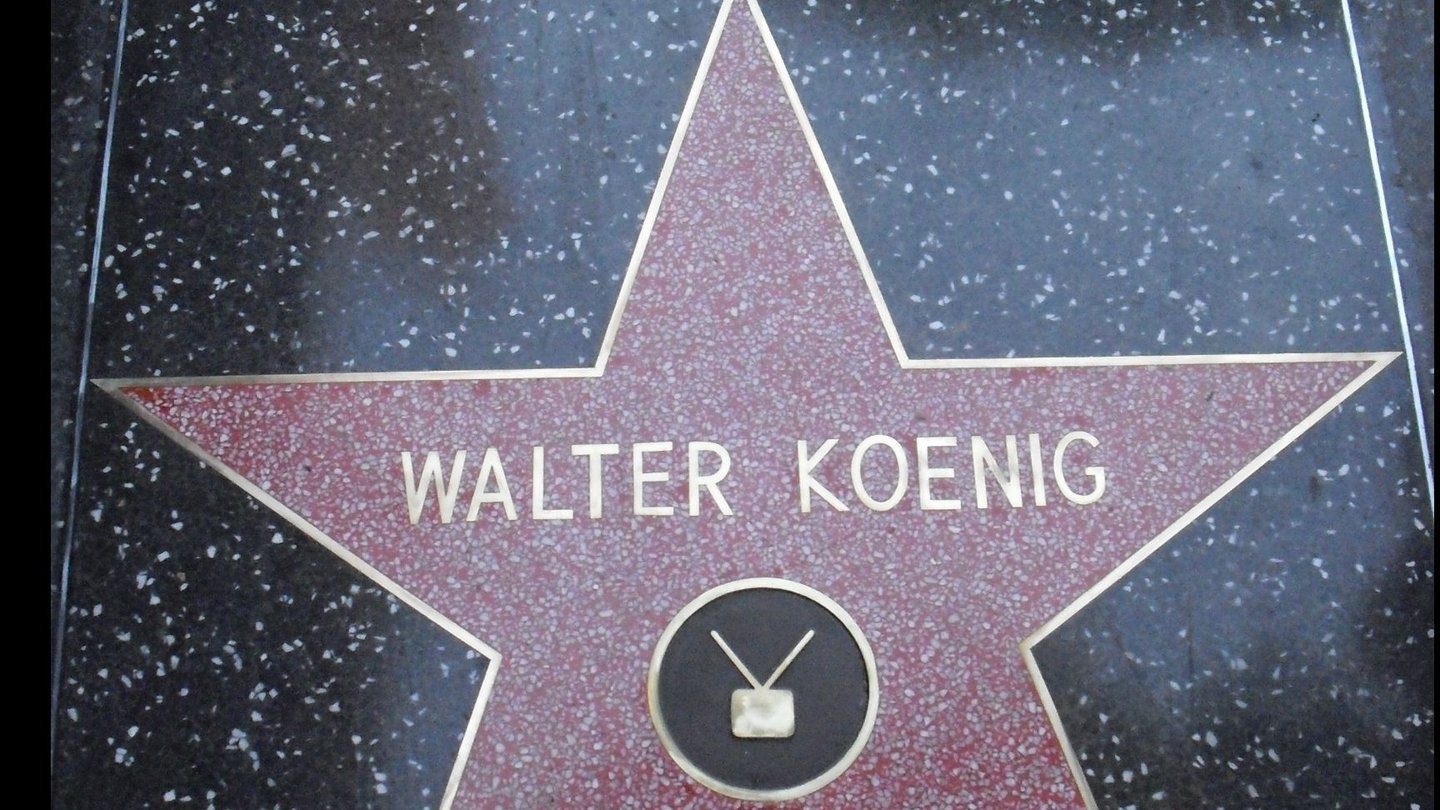 Walter Koenig's pink terrazzo star with a television emblem on the black pavement of the Hollywood Walk of Fame